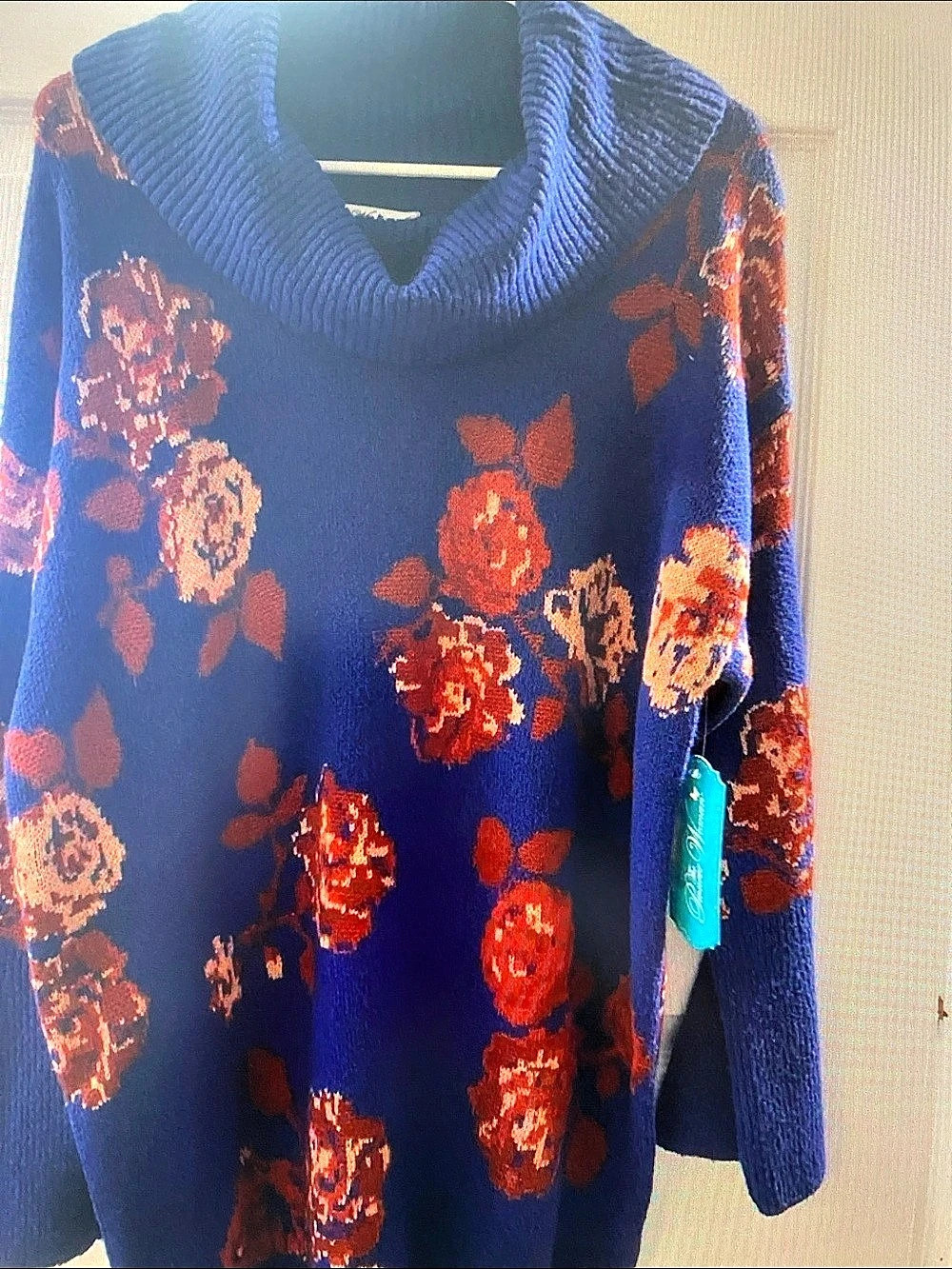 Garnet Hill Floral Cowl Neck Sweater in Blue & Red NWT